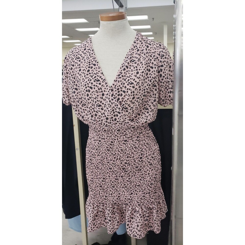Inspired Hearts Pink & Bk Leopard Mini, V-neck Casual Dress, Women’s Size Large
